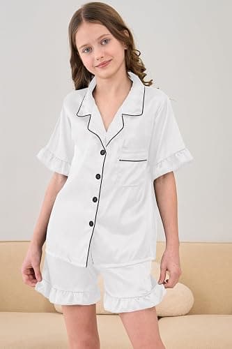 Hupohoi Summer Satin Pajama 2 Pieces Ruffles Sleeve Shorts Loung Sets Button Down Sleepwear for Teen Girls with Pockets thumbnail 3