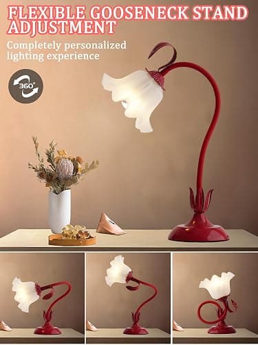 AQDZCNF Flower Table Lamp,LED Reading Light Bedside Vintage Flower Night Light,3 Colors Modes Kawaii Bedside Lamps Decor,Living Room Bedroom Room Lighting Table Lamps Home Decoration (Red) thumbnail 4