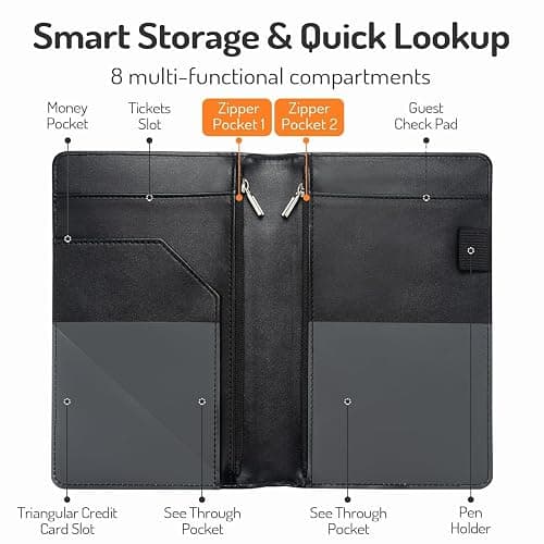 Server Book with 2 Zipper Pockets, Leather Server Books for Waitress, Waiter Book, Sturdy Waitress Book with Money Pocket and Zipper, Servers Book Waitress Accessories Server Apron, Leopard Print thumbnail 3