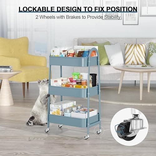 3 Tier Utility Rolling Cart, EAGMAK Metal Storage Cart with Handle and Lockable Wheels, Multifunctional Storage Organizer Trolley with Mesh Baskets for Kitchen, Living Room, Office, Garage (Blue) thumbnail 6