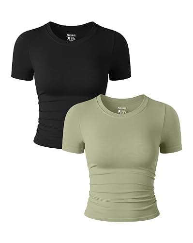 OQQ Womens 2 Piece Shirts Short Sleeve Crew Neck Ruched Stretch Fitted Tee Shirts Crop Tops - Image 1