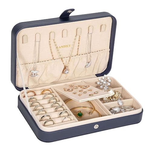 LANDICI Small Jewelry Box for Women Girls, PU Leather Travel Jewelry Case, Portable Jewelry Organizer Storage Holder Display for Ring Earrings Necklace Brooch Men Kids Gift, Dark Blue - Image 1