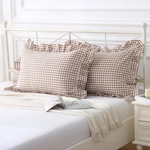 Silnuo Taupe/White Plaid Ruffled Pillow Covers Queen Size Set of 2, Washed Cotton Shabby Checkered Gingham Pillow Shams 20"x30" thumbnail 3