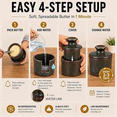 Pottery Butter crock with lid, Keeps Butter Soft & Spreadable, 6.8 oz | Rustic French Butter Crock, Water Line, Keeps Butter Soft & Spreadable thumbnail 8