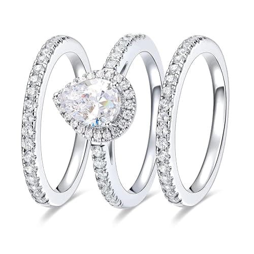 MDFUN 18K White Gold Plated 3-in-1 Halo CZ Engagement Wedding Rings Women | Round,Oval,Pear,Marquise Cut Cubic Zirconia Rings for Women; Stackable Bridal Ring Set - Image 1