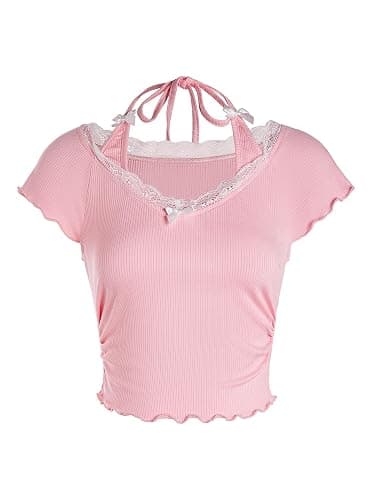 Verdusa Women's Contrast Lace Halter Neck Lettuce Trim Casual Crop Tee Tops - Image 1