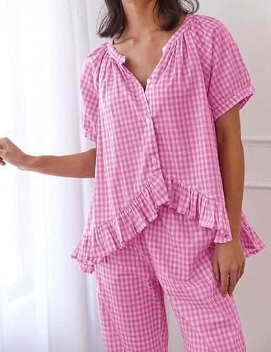 Flygo Womens Plaid 2 Piece Pajamas Sets Gingham Button Down Puff Sleeve Babydoll Shirt Ruffle Pants Y2K Pjs Lounge Set thumbnail 3