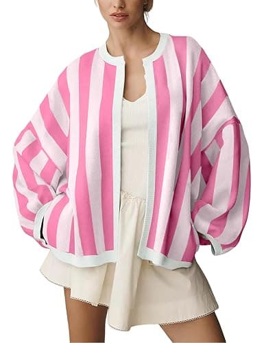 Wefebi Women's Casual Loose Fit Striped Cardigan Long Balloon Sleeves Open Front Knit Sweater - Image 1
