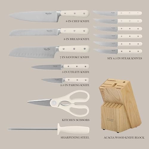MARTHA STEWART Eastwalk 14 Piece High Carbon Stainless Steel Cutlery Kitchen Knife Block Set w/ABS Triple Riveted Forged Handle Acacia Wood Block - Linen White thumbnail 4