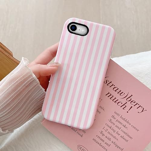 Compatible with iPhone SE /8/7 Cute Phone Case,Striped Aesthetic Pattern Design,Scratch Resistant Hybrid 2-Layer Shockproof Protective Cover for Girls Women-Pink thumbnail 2