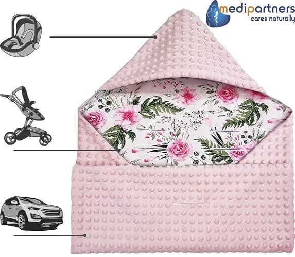 Medi Partners Einschlagdecke Baby Babyschale 100% Baumwolle für Sommer 85x85cm Kinderwagen Kuscheldecke universal Baby Decke Einschlagdecken Babydecke Buggy Autositz (Blument mit Hellrosa Minky) - Hellrosa Blument mit Hellrosa Minky - 85x85cm thumbnail 7