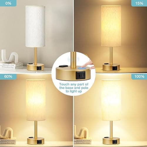 Fenmzee Gold Nightstand Bedroom Lamp - 3 Way Dimmable Bedside Lamp USB C A Charging Ports and AC Outlet, Small Table Lamp Linen Lampshade for Office Desk, LED Bulb Included thumbnail 2