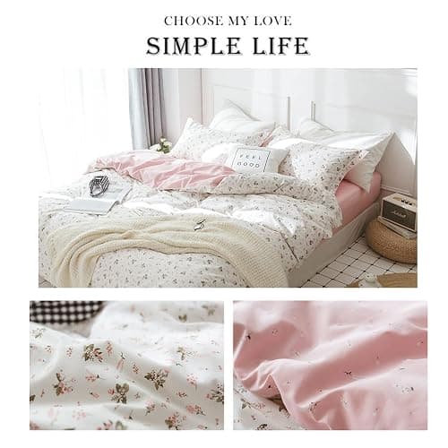 HighBuy Girl Floral Duvet Cover Queen Cotton Pink Flower Coquette Bedding Comforter Covers Queen Bedding Set Pink White Lightweight Soft for Girls Garden Style Duvet Cover for Children thumbnail 5