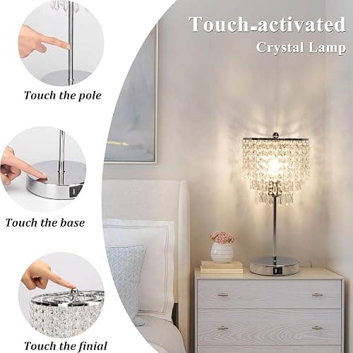 Touch Control Crystal Table Lamp with USB C+A Charging Ports, 3-Way Dimmable Bedside Touch Lamp Decorative Nightstand Lamp with Elegant Lampshade for Living Room Bedroom, B11 LED Bulb Included thumbnail 5
