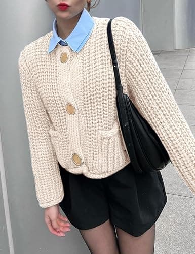 Arssm Womens Cropped Cardigan Sweaters Chunky Open Front Button Down Knit Sweater Long Sleeve Loose Cardigan Outerwear thumbnail 6