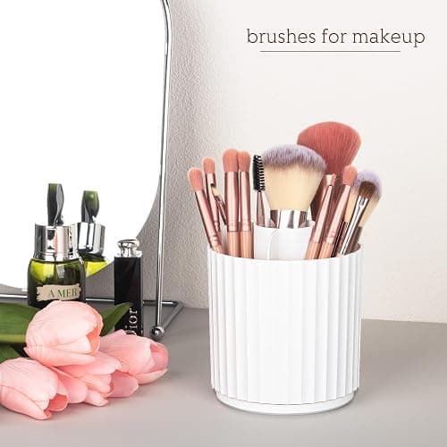 Anyoifax Makeup Brush Holder Organizer 360°Rotating Make Up Brushes Container for Vanity, Spinning Cosmetics Storage Cup, Stripe White thumbnail 2