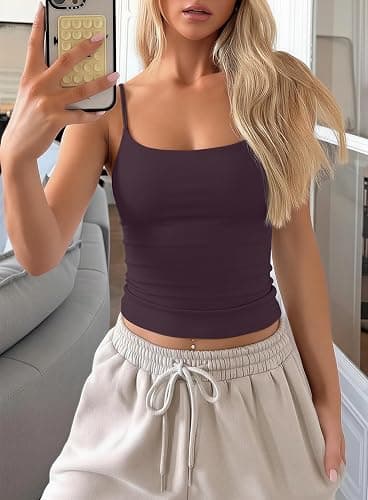 Women's Double Lined Tank Top with Bulit in Bra Adjustable Spaghetti Straps Sleeveless Basic Camisole Shirts thumbnail 3