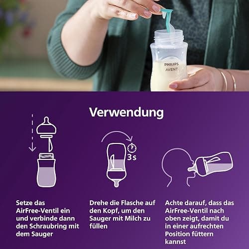 Philips AVENT Babyflaschen mit AirFree Ventil, Geschenkset für Neugeborene – 4 Babyflaschen, ultra soft Schnuller und Flaschenbürste, Babys von 0–12 Monaten und älter (Modell SCD657/11) thumbnail 7