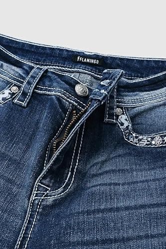 Flamingals Embroidered Bootcut Jeans for Women Mid Rise Stretchy Criss Cross Graphic Curvy Bell Bottom Jeans thumbnail 6