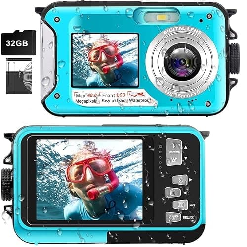 Underwater Camera 2.7K Waterproof Camera with 32GB Card 48MP Autofocus Selfie Dual-Screen Cameras for Snorkeling Compact Digital Camera 1250mAh Battery (Blue) - Image 1
