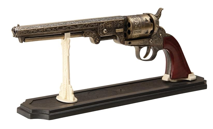 Outlaw Revolver Replica with Stand | 6 1/2" Stainless Steel Barrel | Wooden Grip | Includes Display Stand | Authentic Replica - Image 1