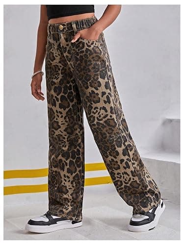 Floerns Girl's Leopard Jeans Mid Waist Straight Leg Y2k Grunge Denim Pants thumbnail 3