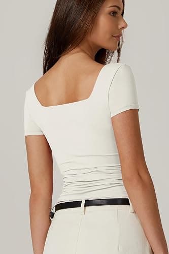 QINSEN Women's Square Neck Short Sleeve Double-Layer Tops Basic Slim Fit Going Out T Shirt thumbnail 2
