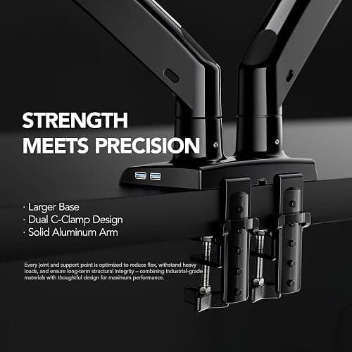 HUANUO Dual Monitor Stand for 13″–40″, Premium Dual Monitor Mount with USB, Height Adjustable Monitor Stand for 2 Monitors, VESA Mount with Clamp/Grommet Base, Holds 26.4lbs per Arm, HNDS7 thumbnail 6