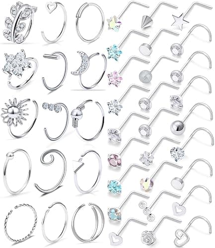 Kridzisw 18G 20G Nose Rings Studs Hypoallergenic 316L Surgical Steel L Shaped Screw Nose Rings Hoops Silver Heart Star Diamond Nose Piercing Jewelry for Women Men 42pcs - Image 1