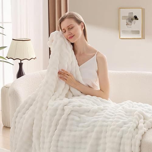 3D Bubble Plush Blanket Textured Fleece Throw Soft Warm Cozy Blanket Couch Bed Throw Snow White 50x60 Inches thumbnail 3