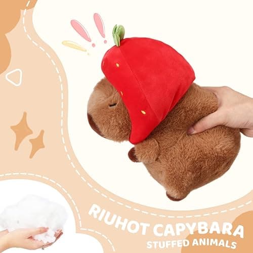 Riuhot Soft Capybara Stuffed Animals Cute Wear Strawberry Hat Capybara Plush Kawaii Plushie Christmas Valentine's Day Birthday for Kids(9in) thumbnail 5