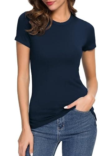 Women's Crewneck Slim Fitted Short Sleeve T-Shirt Stretchy Bodycon Basic Tee Tops - Image 1