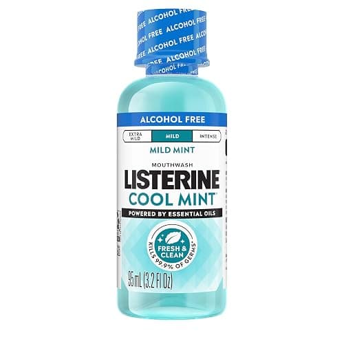 Listerine Cool Mint Alcohol-Free Mild Mouthwash, Oral Rinse Kills 99.9% of Germs that Cause Bad Breath, Less Intense Taste, Mild Mint Flavor, 3.2 fl. oz - Image 1