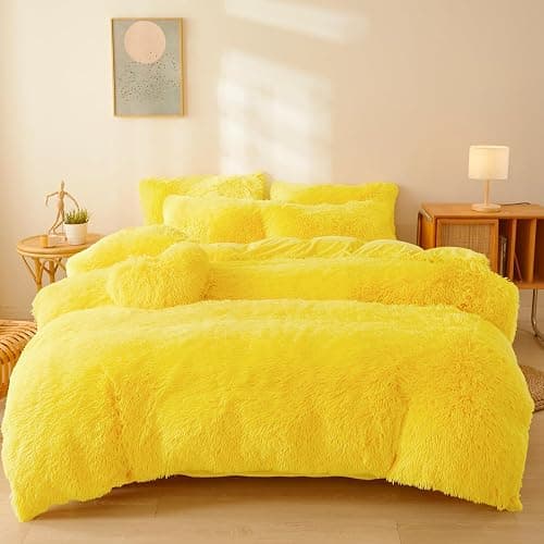 FOPPA Fluffy Yellow comforters Cover Twin Size - Ultra Soft Plush Bedding Sets 2 Pieces (1 Faux Fur Comforter Cover + 1 Fuzzy Pillow case) Girls Shaggy Bed Set (Yellow,Twin) - Image 1
