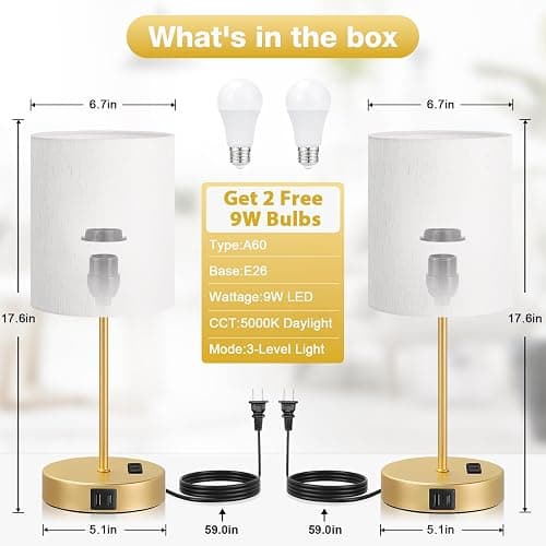 Gold Touch Lamps for Nightstand Set of 2 - Bedside Table Lamp for Bedroom with Dual USB Ports & AC Outlet, 3-Way Dimmable Lamps for Living Room Boys Room, Night Light with 5000K Daylight Bulbs thumbnail 4
