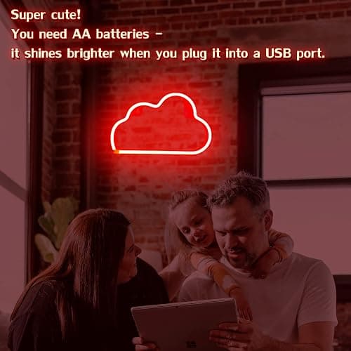 LED Cloud Neon Light for Wall Decor, Battery or USB Powered Sign Shaped Decoration Wall Lights for Bedroom Aesthetic Teen Girl Kid Room Birthday Wedding Party Halloween (Red) - Red thumbnail 5