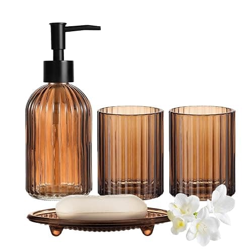 Brown Bathroom Accessories Set, Glass Bathroom Accessory Sets Complete Includes Soap Dispenser, Toothbrush Holder, Mouthwash Cup, Soap Dish for Bath Decor, Countertop Vanity Organize - Image 1