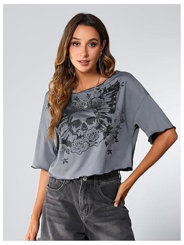 SOLY HUX Womens Y2K Grunge Shirts Short Sleeve Off Shoulder Crop Graphic Tees Goth Skull Tops thumbnail 4