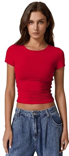 QINSEN Short Sleeve Shirts for Women Round Neck Basic Double Lined Tees Fitted Y2k Crop Tops thumbnail 4
