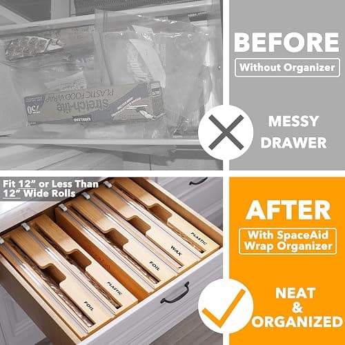 SpaceAid WrapNeat 2 in 1 Wrap Organizer with Cutter and Labels, Plastic Wrap, Aluminum Foil and Wax Bamboo Dispenser for Kitchen Storage Organization Holder for 12" Roll (Natural, 2-Slot) thumbnail 3