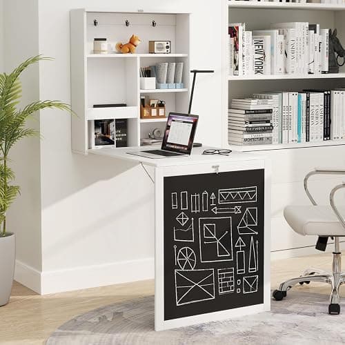 Tangkula Foldable Wall-Mounted Desk, Floating Desk with Chalkboard, Storage Shelves & Hooks, Space-Saving Murphy Table for Home Office, Bedroom, Dorm Room, Small Spaces thumbnail 2