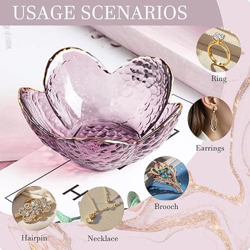 Purple Flower Jewelry Dish Glass Ring Holder Dish Jewelry Tray Cute Vanity Organizer Aesthetic Nightstand Bathroom Room Decor Trinket Dish Mothers Day Friendship Christmas Birthday Gifts for Women thumbnail 5