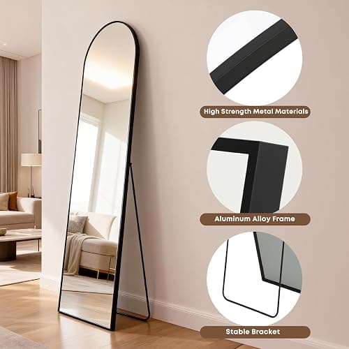 ZIHUASHENG 64"x21" Inch Full Length Mirror with Stand, Arched Aluminum Frame Wall Mirror & Freestanding Hanging Mounted Mirrors, Tempered Glass Full Body Mirrors for Bedroom, Living Room Decor,Black thumbnail 5