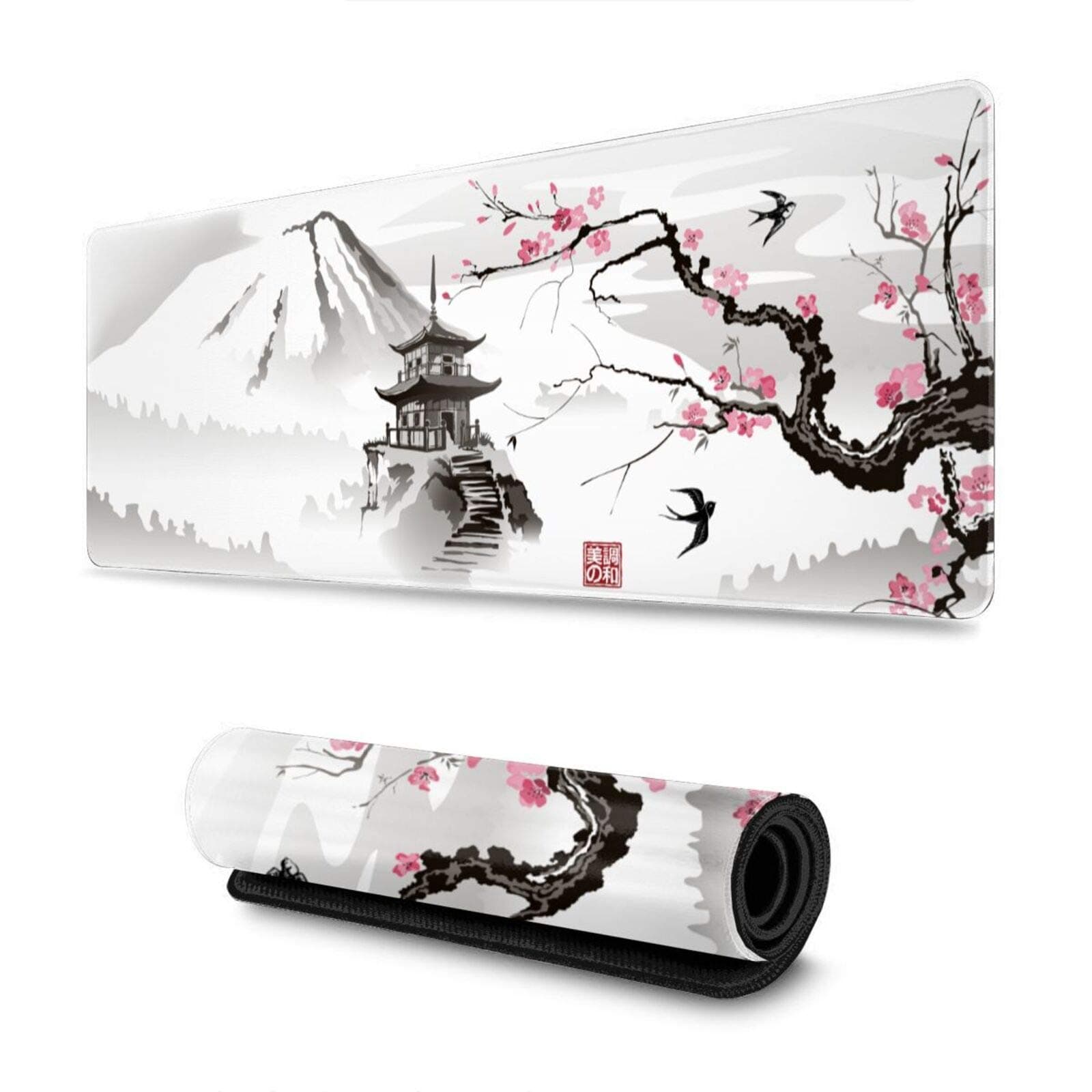 Japanese Cherry Blossom White Gaming Mouse Pad XL, Extended Large Mouse Mat Desk Pad, Stitched Edges Mousepad, Long Nonslip Rubber Base Mice Pad, 31.5 X 11.8 Inch - Image 1