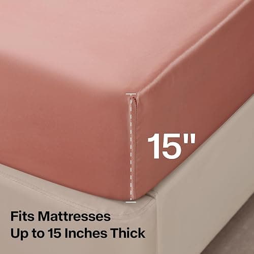 BEDELITE Satin Fitted Sheet and Pillowcases Set, Luxury Soft Similar to Silk Bottom Bed Sheet with Elastic Corner Straps, Deep Pocket up to 15 Inch, 1 Fitted Sheet and 2 Pillowcases(Full, Rose Pink) thumbnail 5