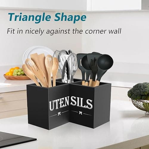 Suli Extra Large Kitchen Utensils Holder with 3 Compartments,Corner Utensil Caddy for Countertop,Wooden Utensil Organizer for Kitchen Countertop, Farmhouse Decor- Black thumbnail 8