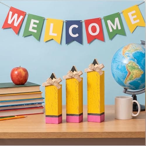 Yuntau 3 Pcs Back to School Tabletop Decoration, Wooden Pencil Block Signs | Rustic First Day of School Decor, Classroom Decorations for Teacher Desk, Table Centerpieces, Tiered Tray, Appreciation Gift thumbnail 6