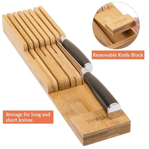 TIOPGHAD Bamboo-Silverware-Drawer-Organizer-Kitchen, Expandable Utensil Holder Cutlery Tray Flatware Organization Adjustable Wood Tableware Dividers Storage (with Removable Knife Block)(Natural) - Natural - Large thumbnail 4