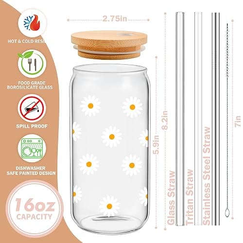 Cute Glass Cups with Lids and Straws, Daisy Design Iced Coffee Smoothie Matcha Cup, Aesthetic Mug Tumbler, Flower Drinking Glasses, Birthday Gifts for Women Coffee Lover Preppy Teen Girl Trendy Stuff thumbnail 3