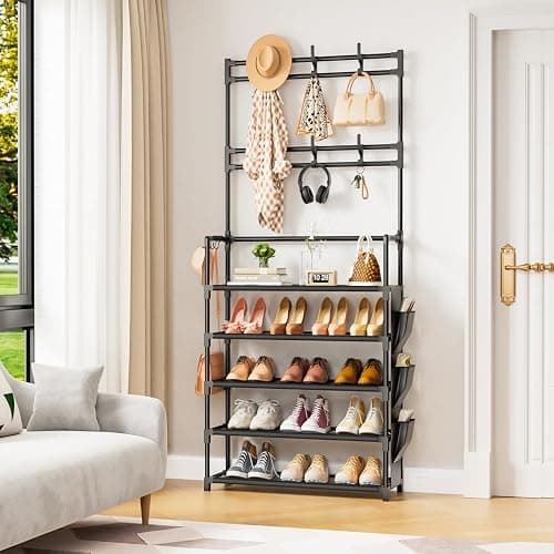 OYREL Shoe Rack 5 Tier Shoe Organizer Storage 15-20 Pairs Shoes Rack for Closet Entrance Shoe Rack Organizer with Hooks and Side Pocket Entryway Shoe Holder Space Saving Free Standing Shoe Racks thumbnail 2